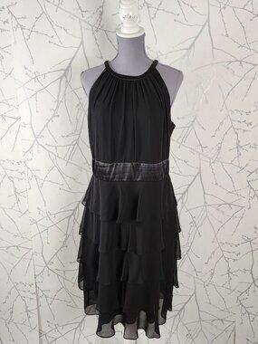 Evan Picone Black Chiffon Tiered Ruffle Overlay Halter Midi Dress